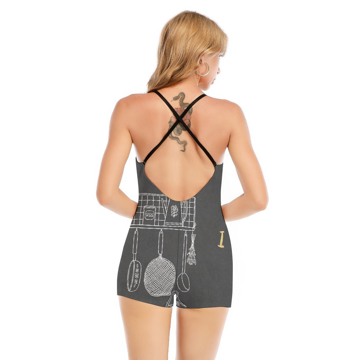 All-Over Print Women's Backless Romper With Black Straps