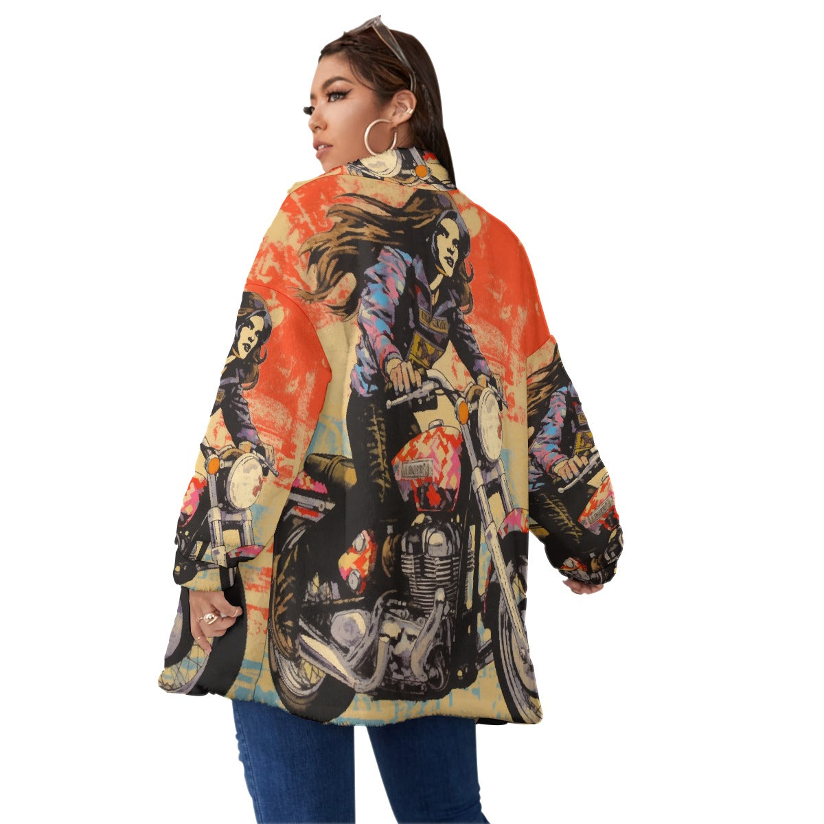 All-Over Print Unisex Borg Fleece Stand-up Collar Coat With Zipper Closure(Plus Size)
