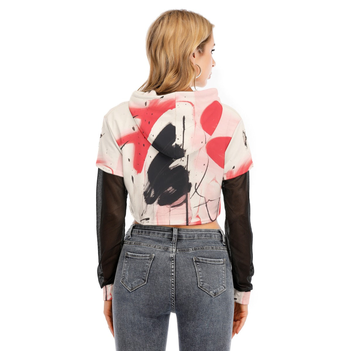 All-Over Print Women's Fake Two-piece Mesh Sleeve Cropped Hoodie