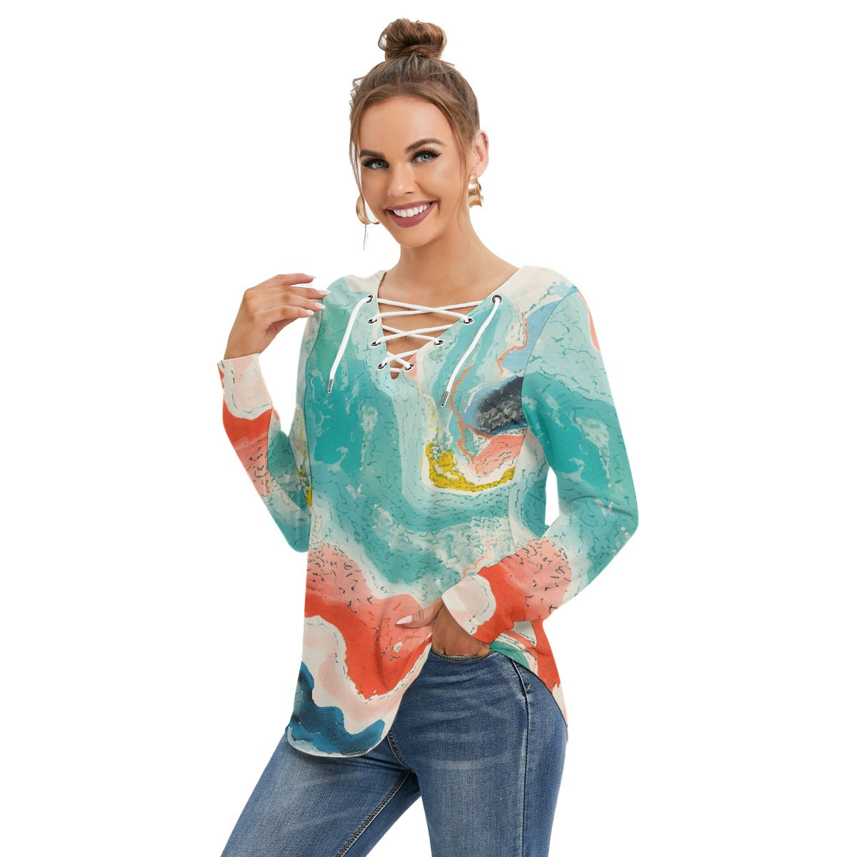 All-Over Print Women's Long Sleeve Neckline Tie Sweatshirt