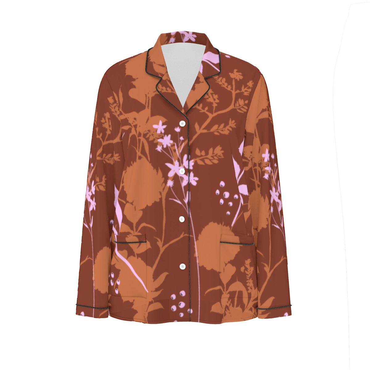 All-Over Print Women's Long Sleeve Pajama Set With Black Contrast Piping