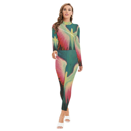 All-Over Print Women's Long-sleeved High-neck Jumpsuit With Zipper