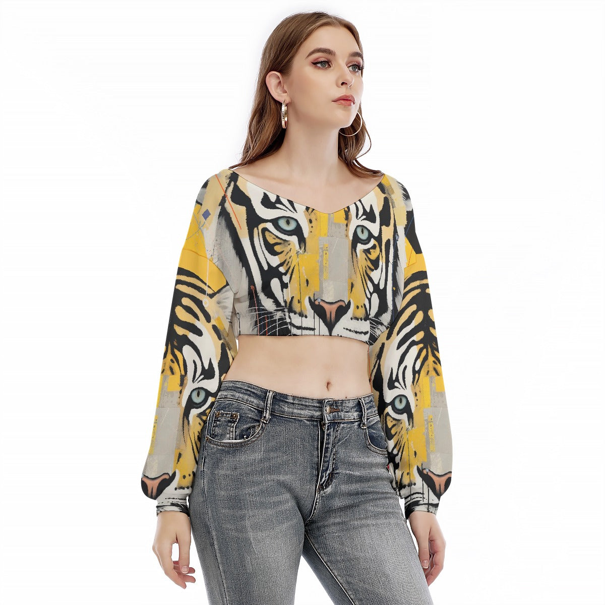 All-Over Print Women's V-neck Long Sleeve Cropped Sweatshirt