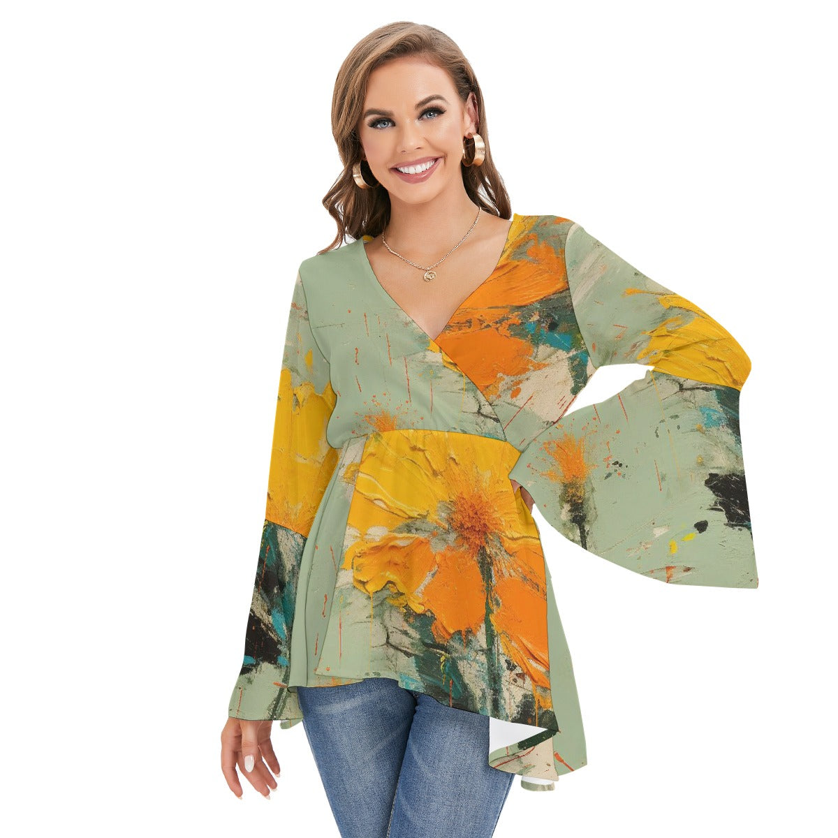 All-Over Print Women's V-neck Blouse With Flared Sleeves