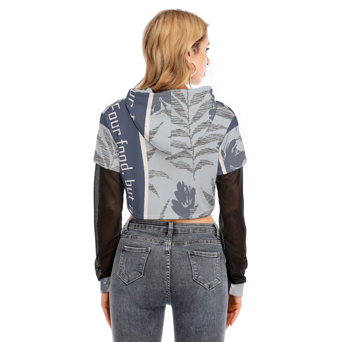 All-Over Print Women's Fake Two-piece Mesh Sleeve Cropped Hoodie
