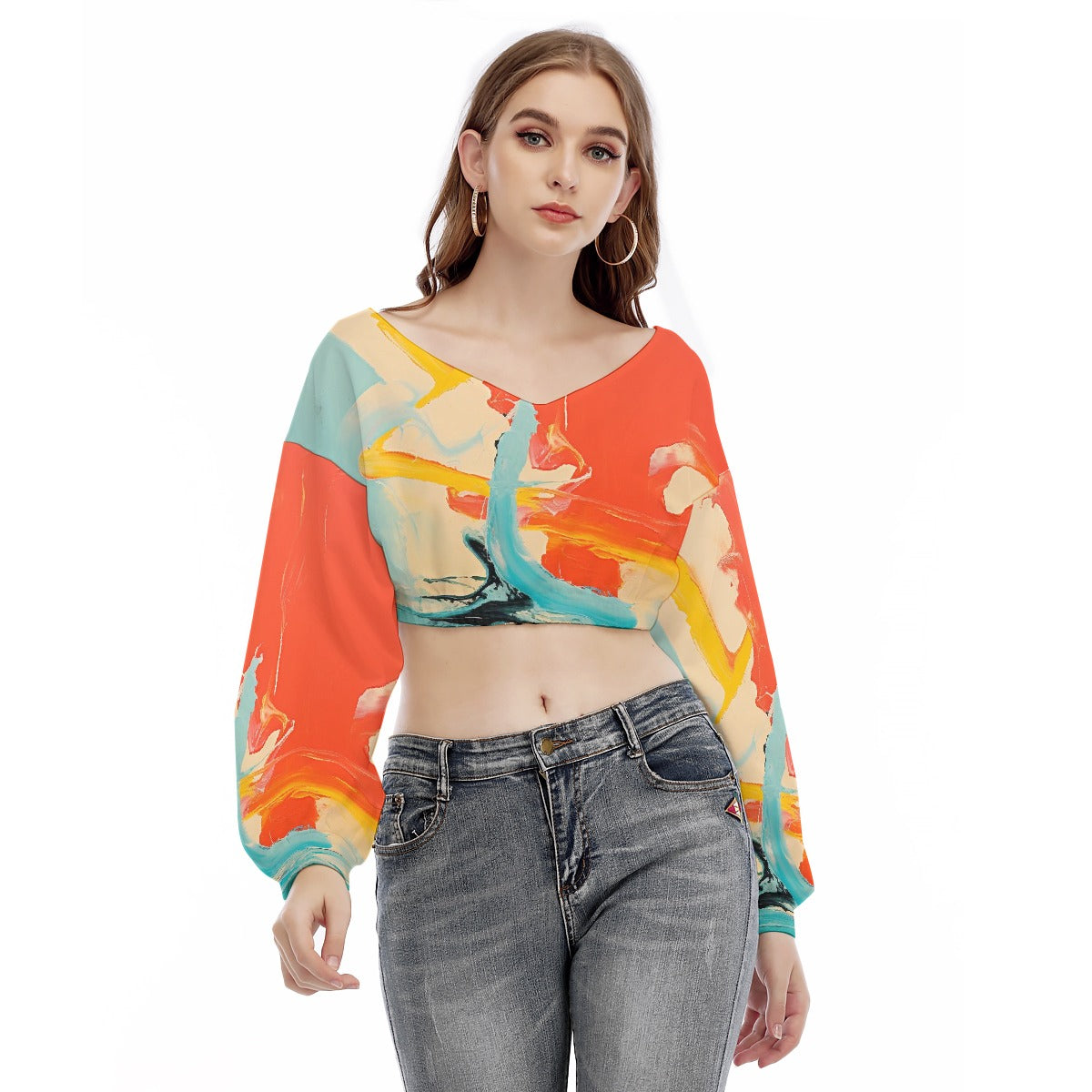 All-Over Print Women's V-neck Long Sleeve Cropped Sweatshirt