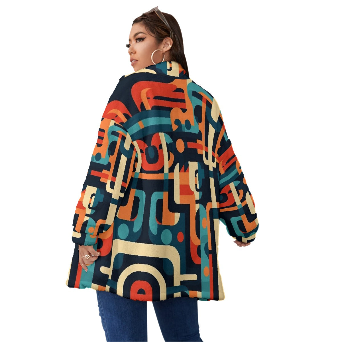 All-Over Print Unisex Borg Fleece Stand-up Collar Coat With Zipper Closure(Plus Size)