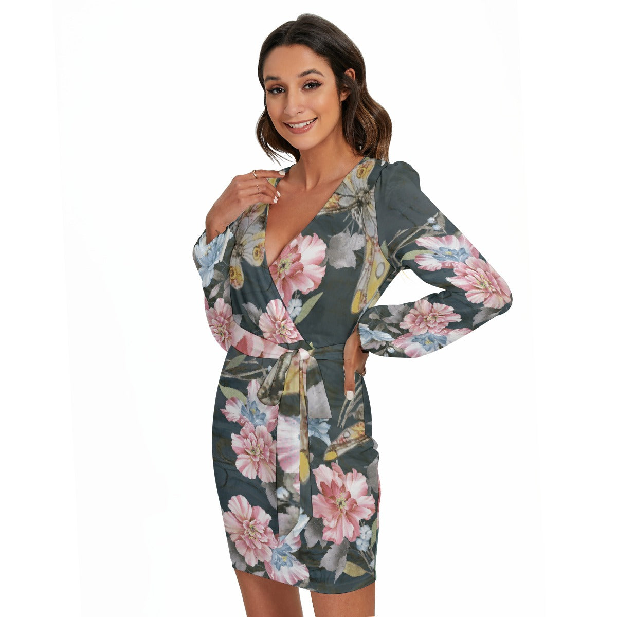 All-Over Print Women's Long Sleeve Dress With Waist Belt