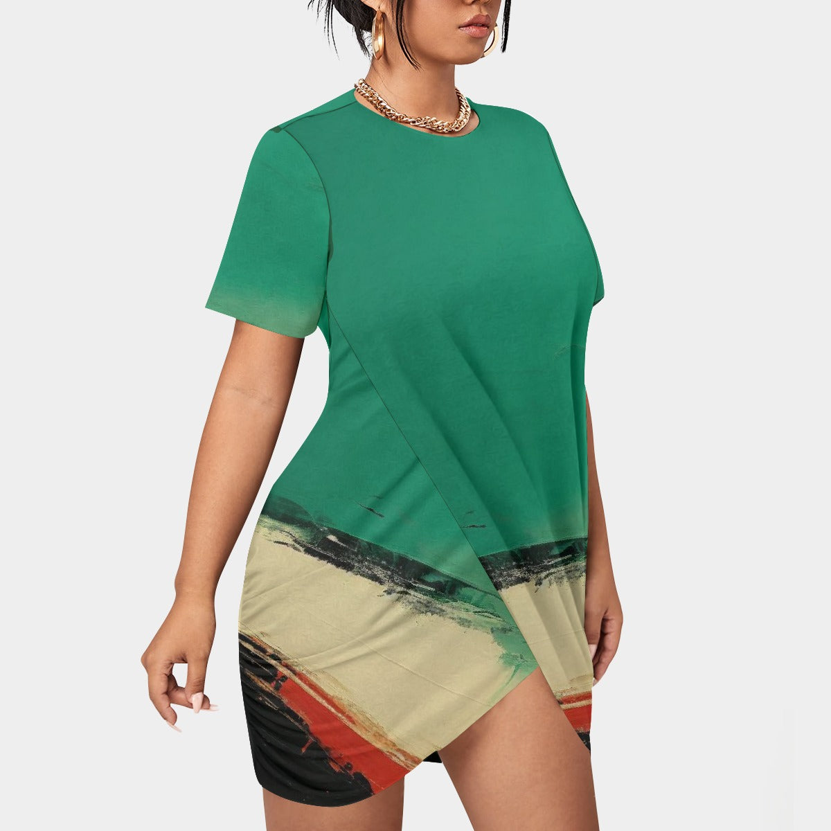 All-Over Print Women’s Stacked Hem Dress With Short Sleeve（Plus Size）