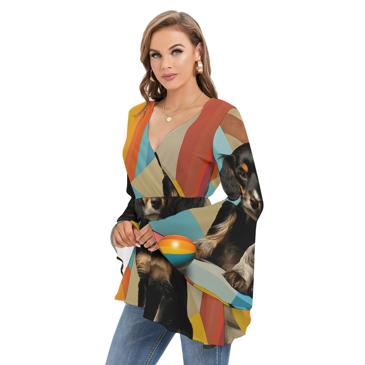 All-Over Print Women's V-neck Blouse With Flared Sleeves