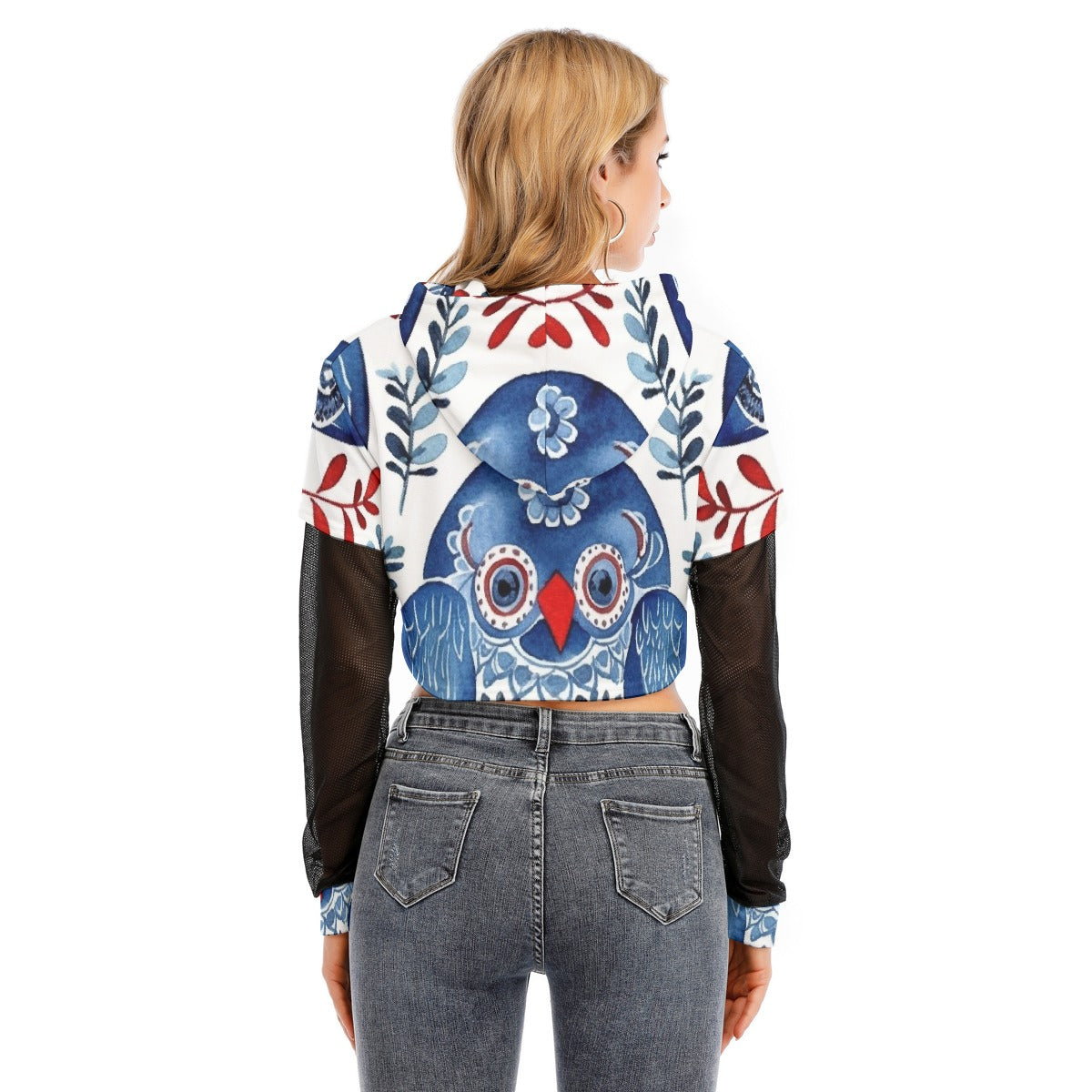 All-Over Print Women's Fake Two-piece Mesh Sleeve Cropped Hoodie