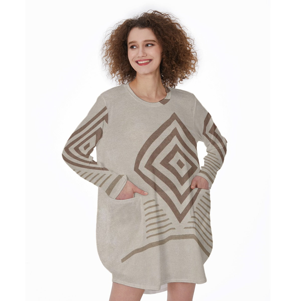 All-Over Print Women's Casual Loose Long Sleeve Dress With Pocket