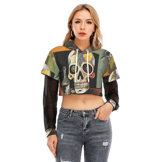 All-Over Print Women's Fake Two-piece Mesh Sleeve Cropped Hoodie