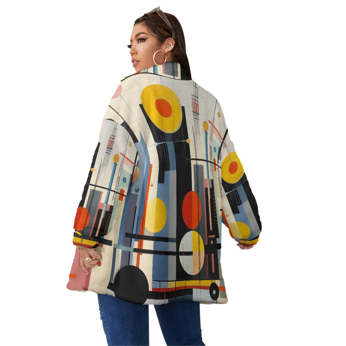 All-Over Print Unisex Borg Fleece Stand-up Collar Coat With Zipper Closure(Plus Size)