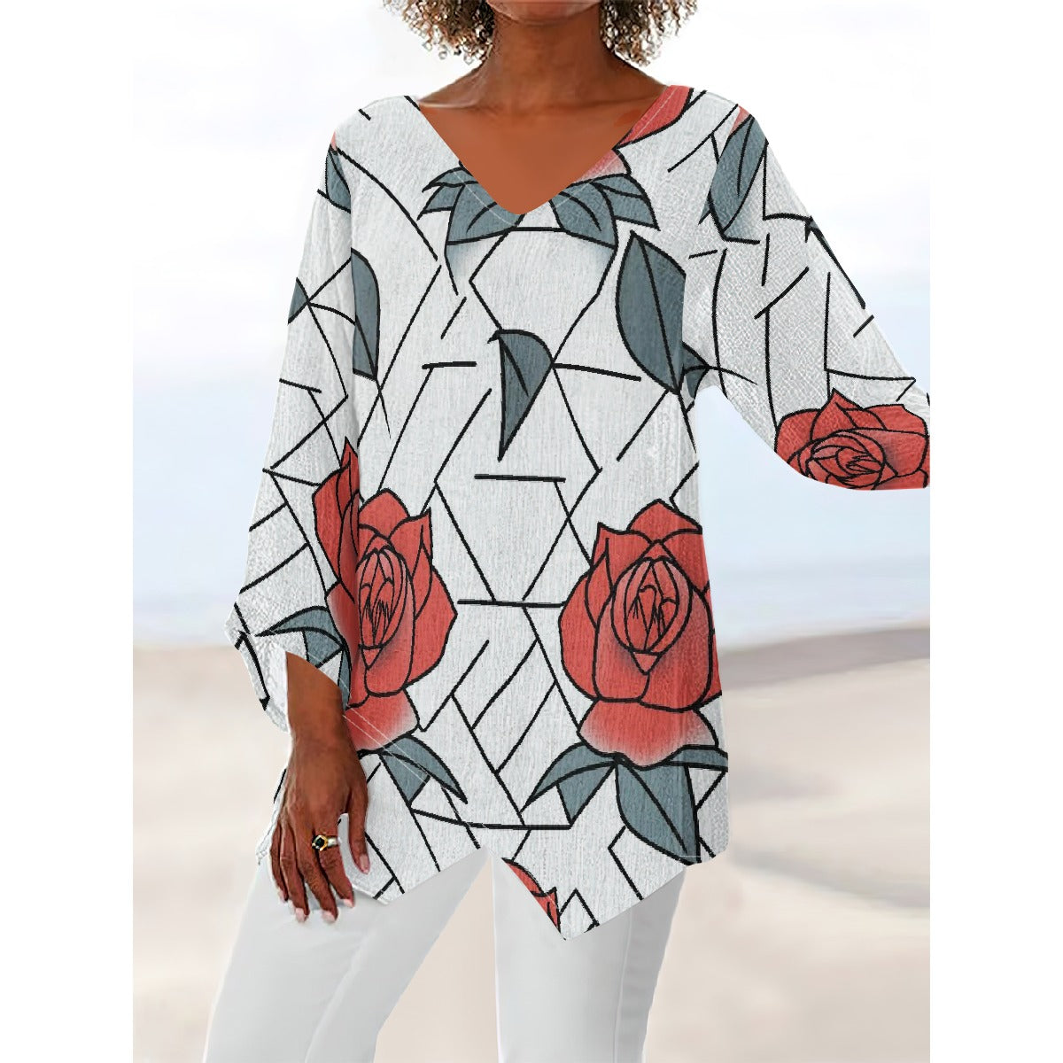 All-Over Print Women's V-neck T-shirt With Irregular Hem