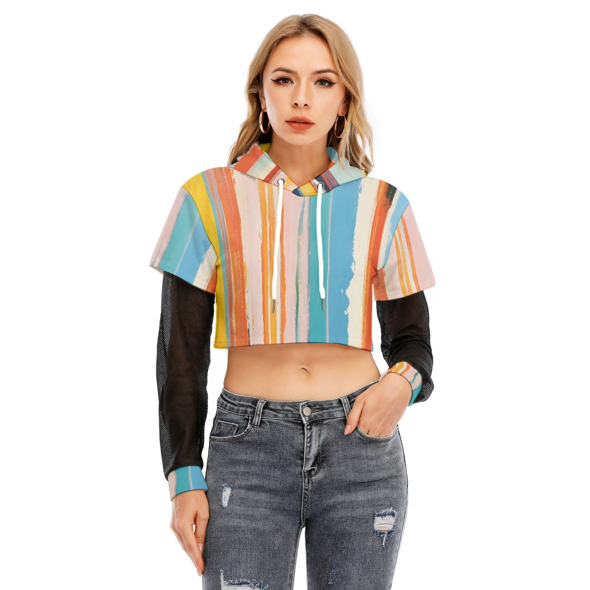 All-Over Print Women's Fake Two-piece Mesh Sleeve Cropped Hoodie
