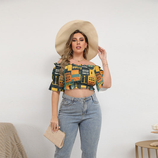 All-Over Print Women's Off-shoulder Cropped Top With Short Puff Sleeve