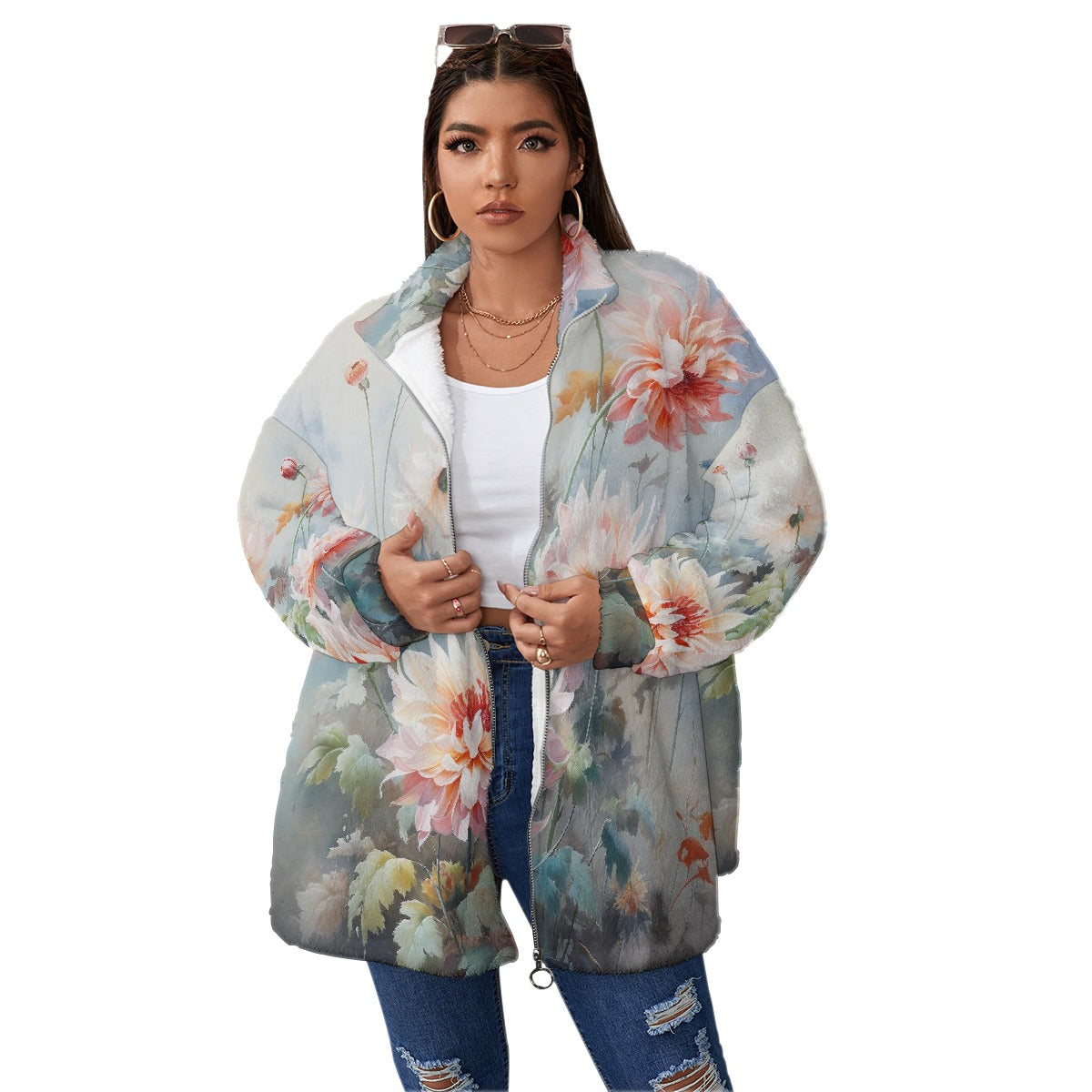 All-Over Print Unisex Borg Fleece Stand-up Collar Coat With Zipper Closure(Plus Size)