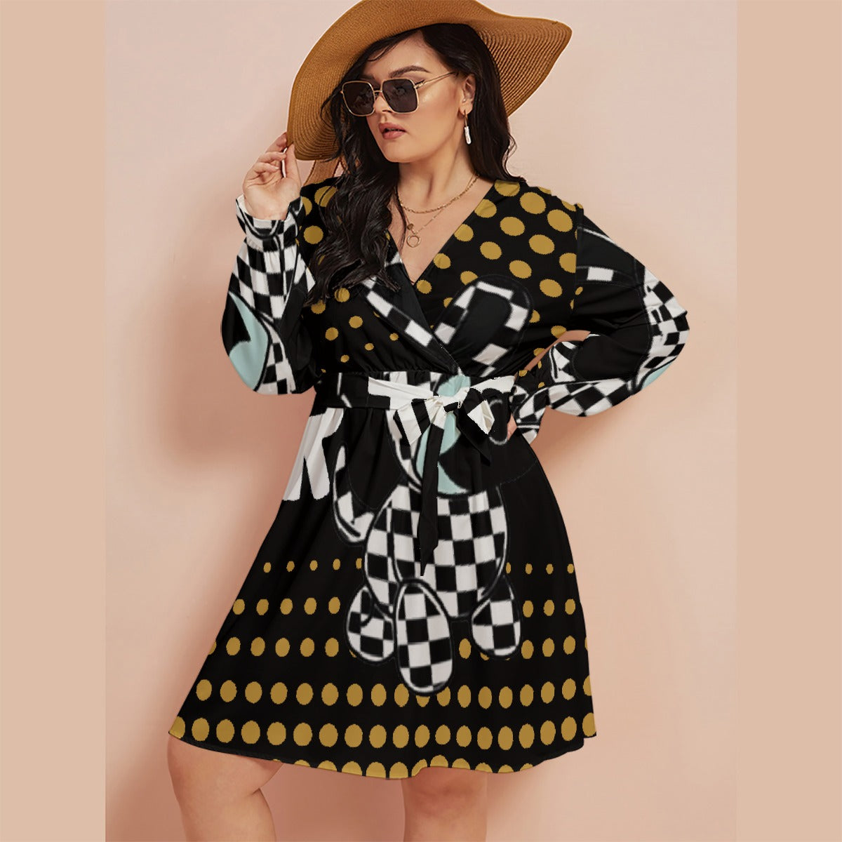 All-Over Print Women's V-neck Dress With Waistband(Plus Size)