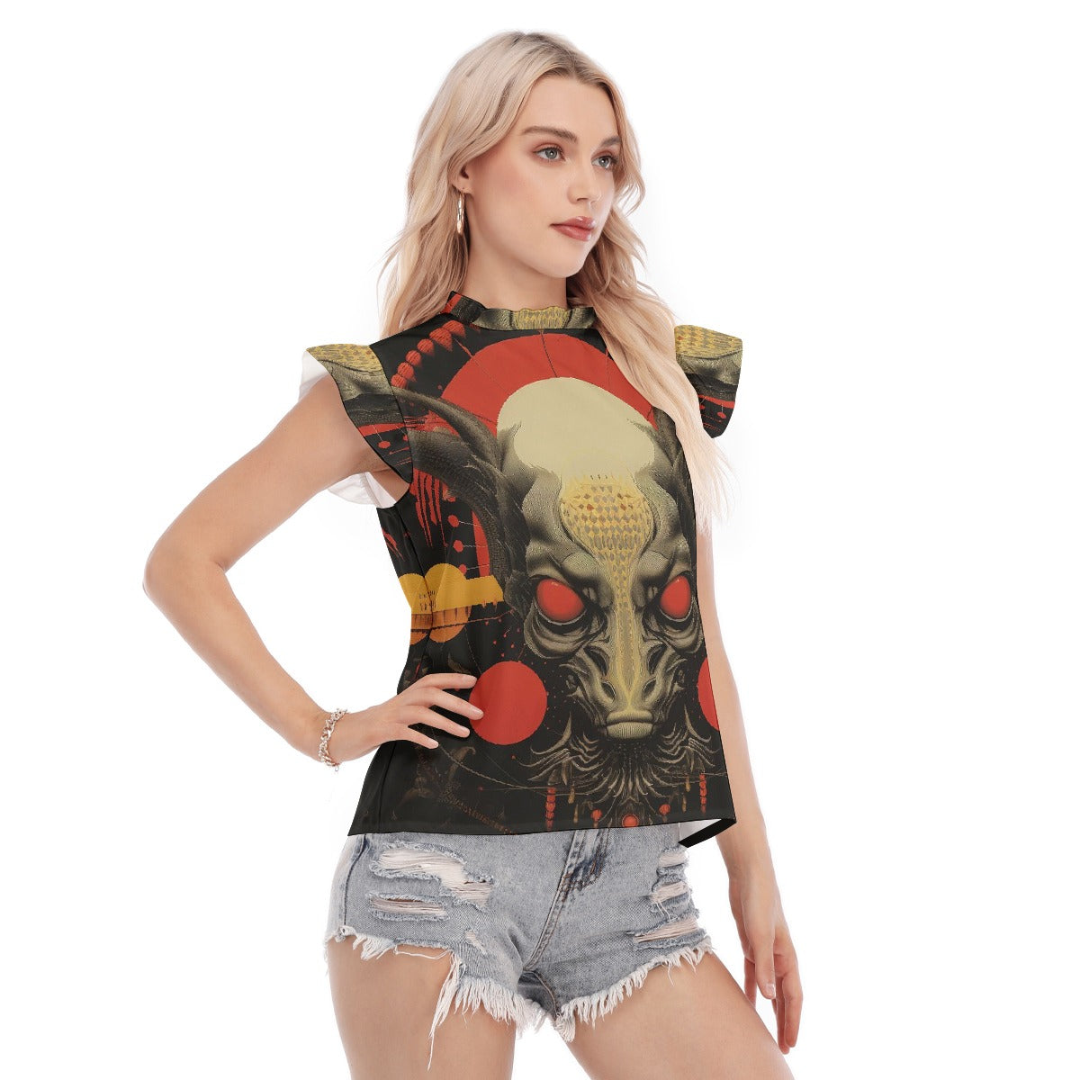 All-Over Print Women's Blouse With Ruffle Collar And Sleeve