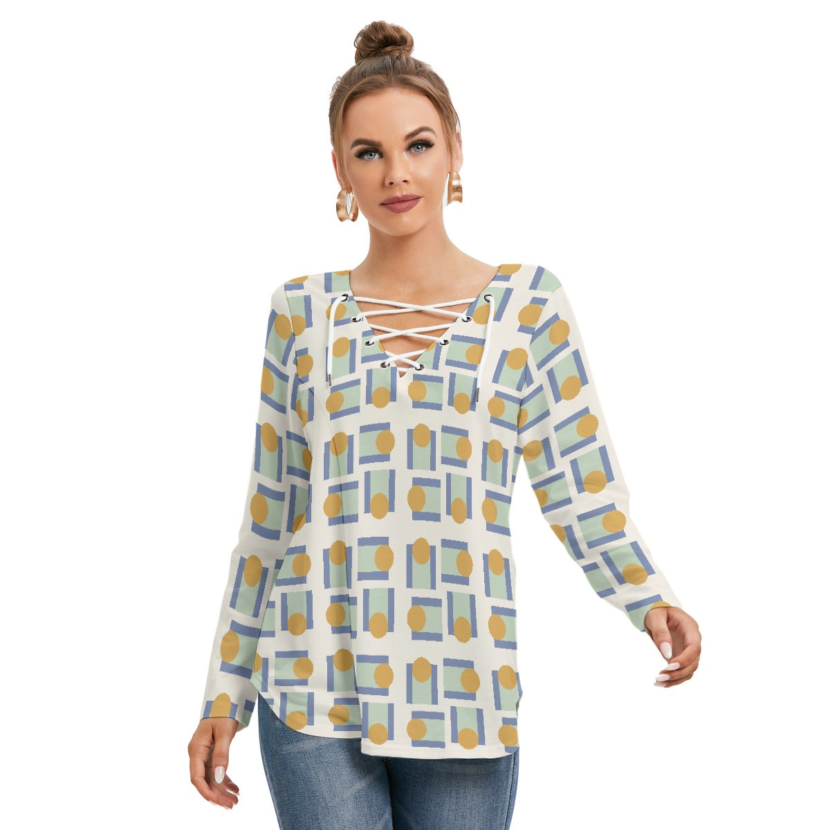All-Over Print Women's Long Sleeve Neckline Tie Sweatshirt