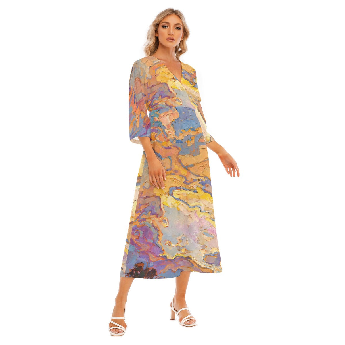 All-Over Print Women's Mid-Sleeve Long Dress