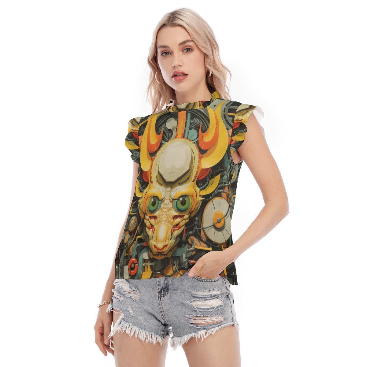 All-Over Print Women's Blouse With Ruffle Collar And Sleeve