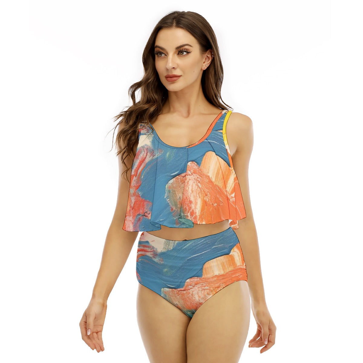 All-Over Print Women's Ruffled Vest Bikini Swimsuit