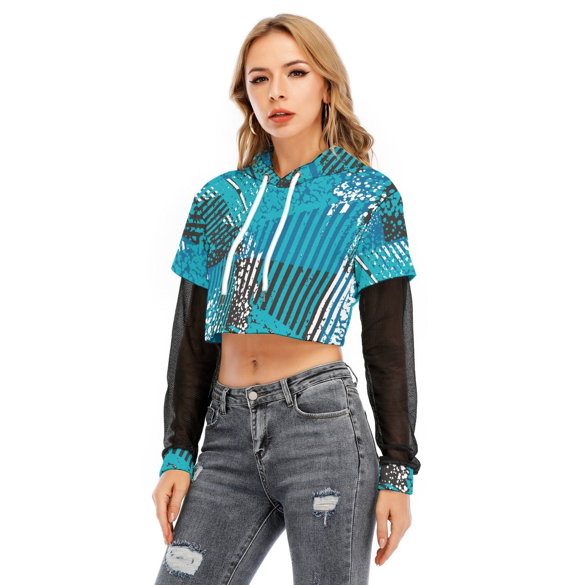 All-Over Print Women's Fake Two-piece Mesh Sleeve Cropped Hoodie