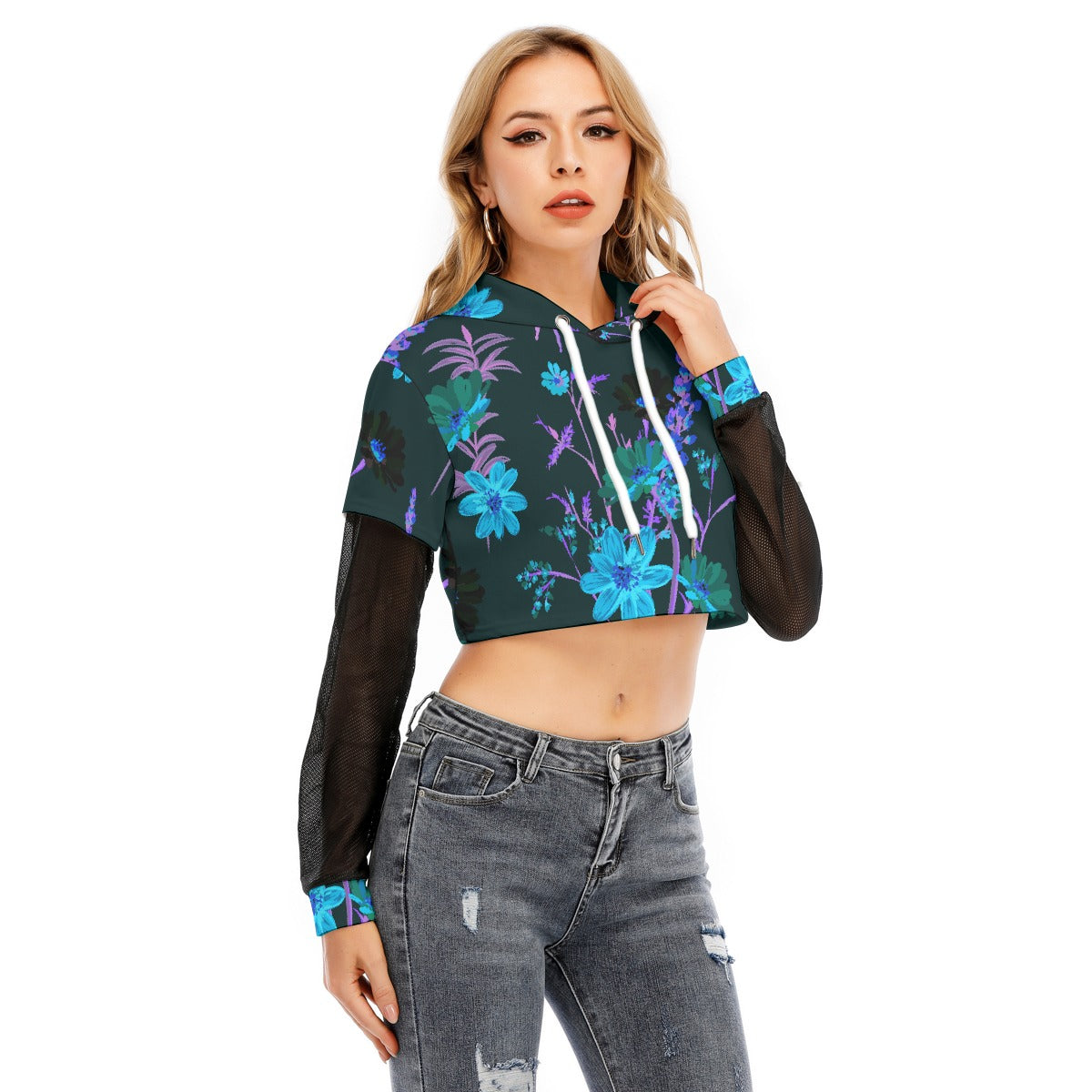 All-Over Print Women's Fake Two-piece Mesh Sleeve Cropped Hoodie