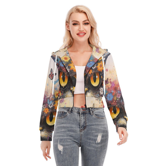 All-Over Print Women's Crop Top Hoodie With Zipper Closure