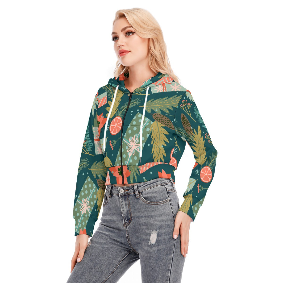 All-Over Print Women's Crop Top Hoodie With Zipper Closure