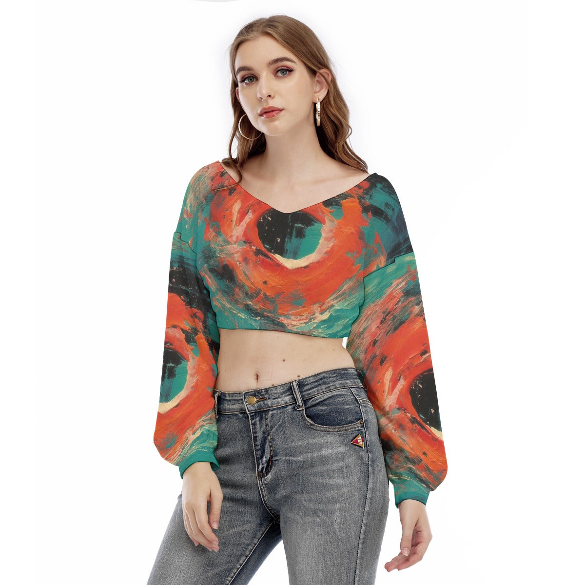 All-Over Print Women's V-neck Long Sleeve Cropped Sweatshirt