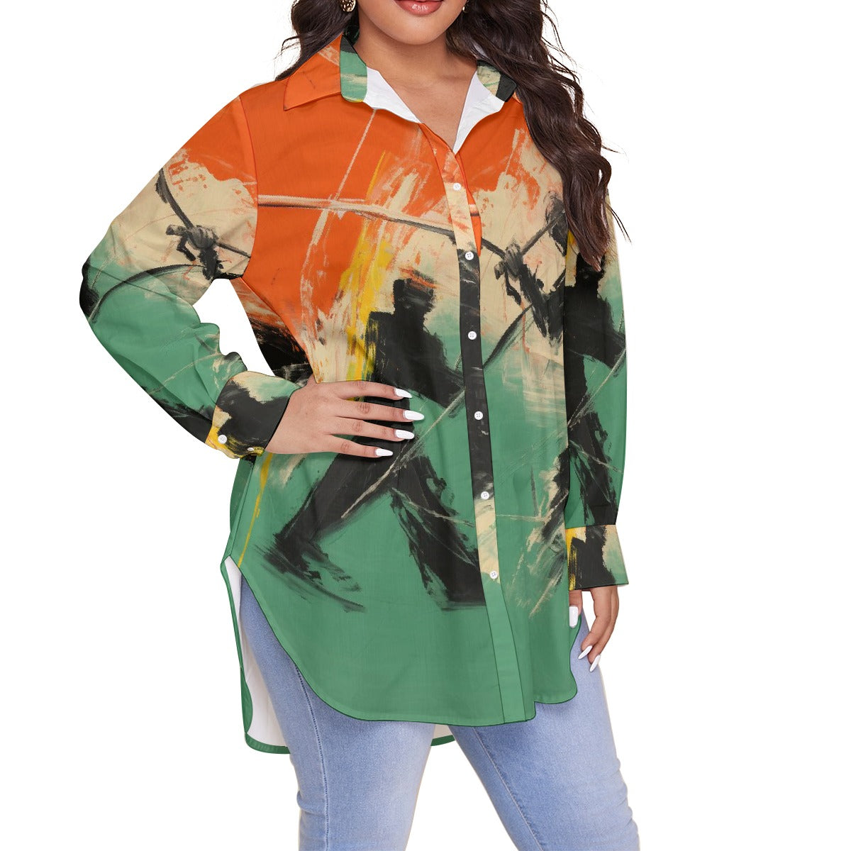 All-Over Print Women's Shirt With Long Sleeve(Plus Size)