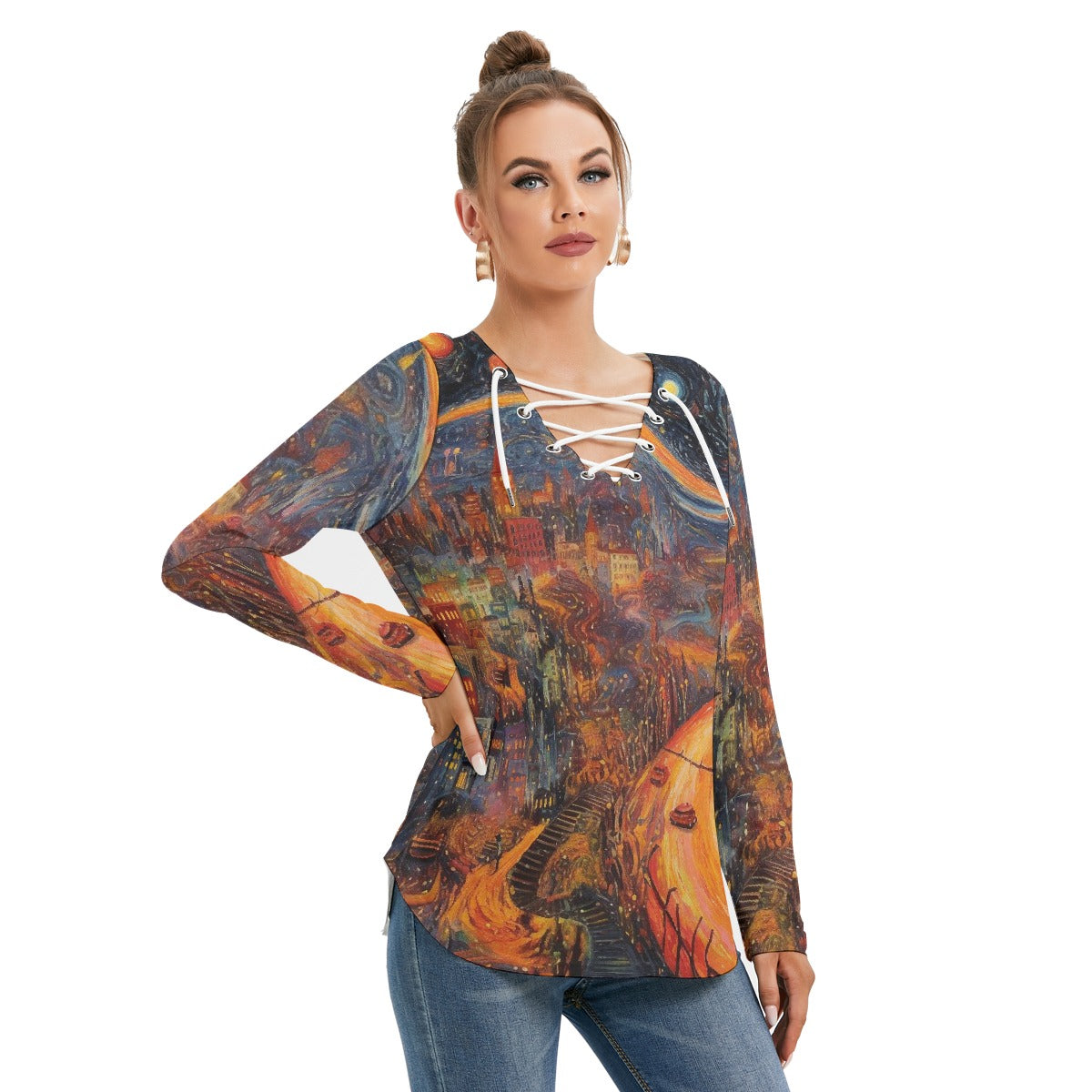 All-Over Print Women's Long Sleeve Neckline Tie Sweatshirt