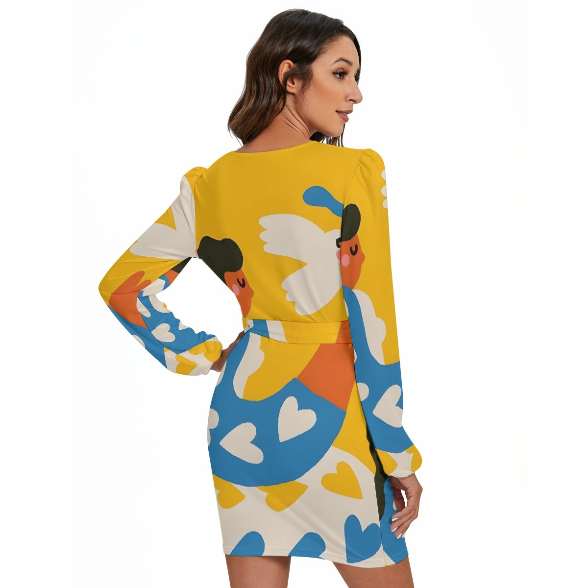 All-Over Print Women's Long Sleeve Dress With Waist Belt