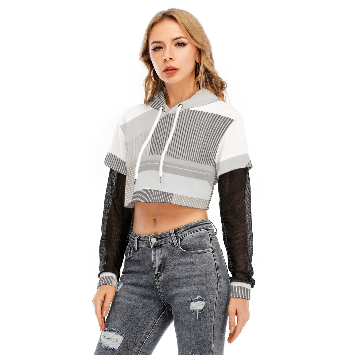 All-Over Print Women's Fake Two-piece Mesh Sleeve Cropped Hoodie