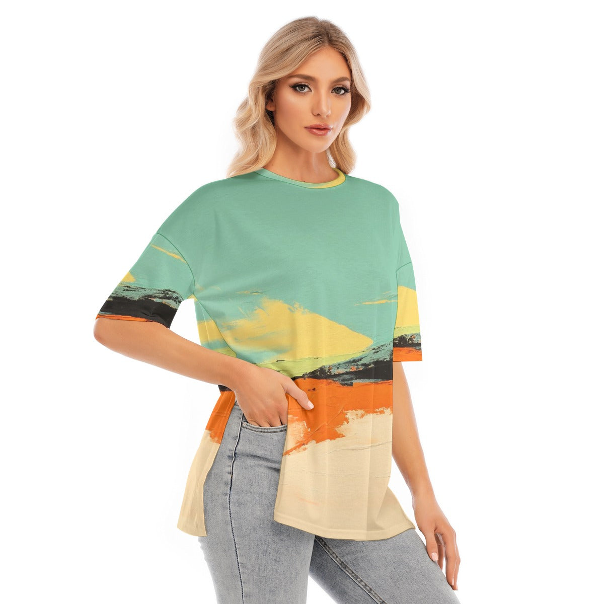 All-Over Print Women's Short Sleeves T-shirt With Hem Split