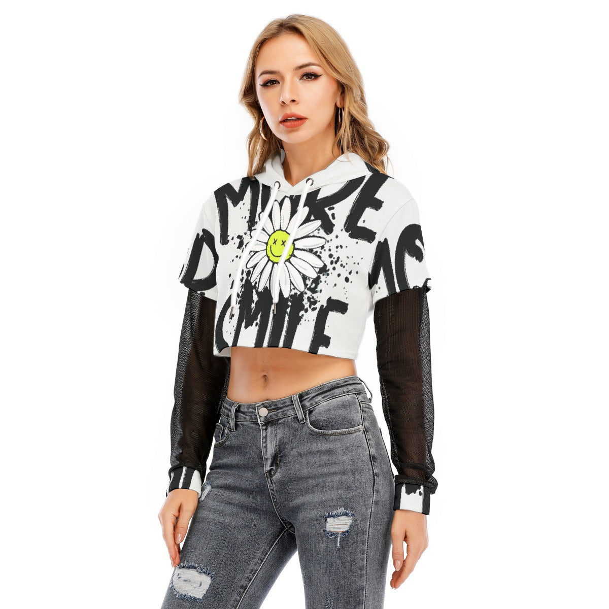 All-Over Print Women's Fake Two-piece Mesh Sleeve Cropped Hoodie