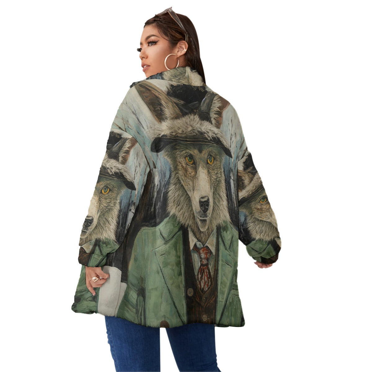 All-Over Print Unisex Borg Fleece Stand-up Collar Coat With Zipper Closure(Plus Size)