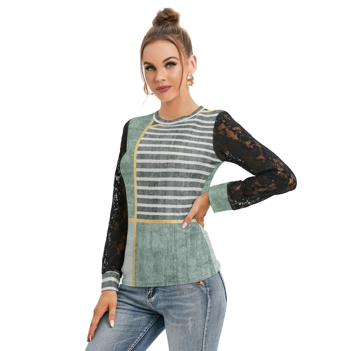 All-Over Print Women's T-shirt And Sleeve With Black Lace