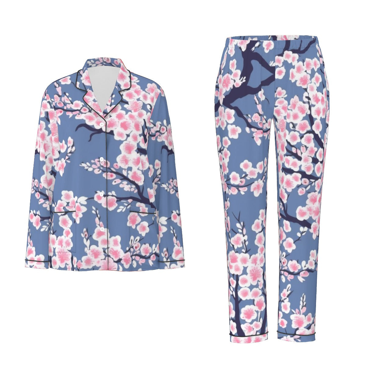 All-Over Print Women's Long Sleeve Pajama Set With Black Contrast Piping