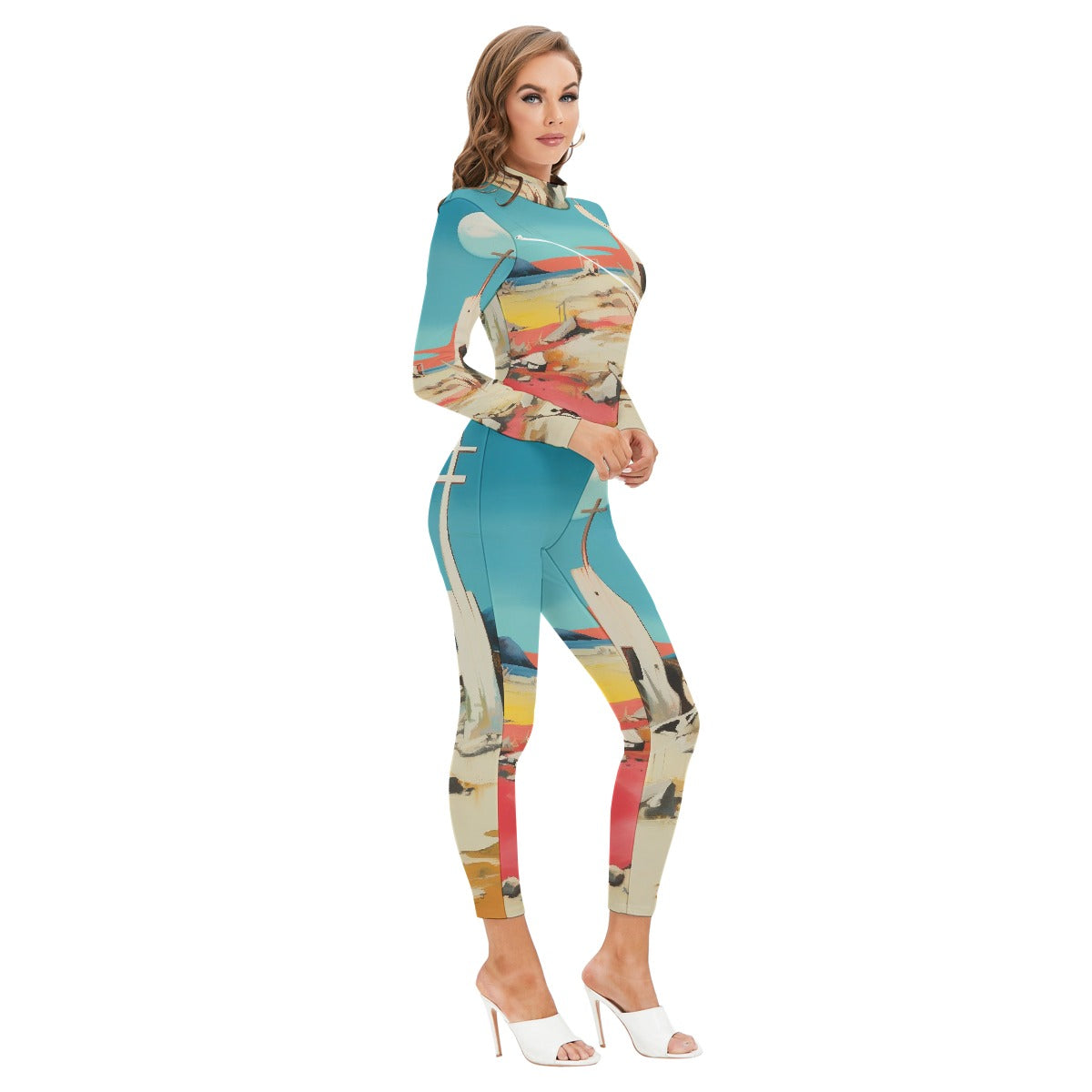 All-Over Print Women's Long-sleeved High-neck Jumpsuit With Zipper