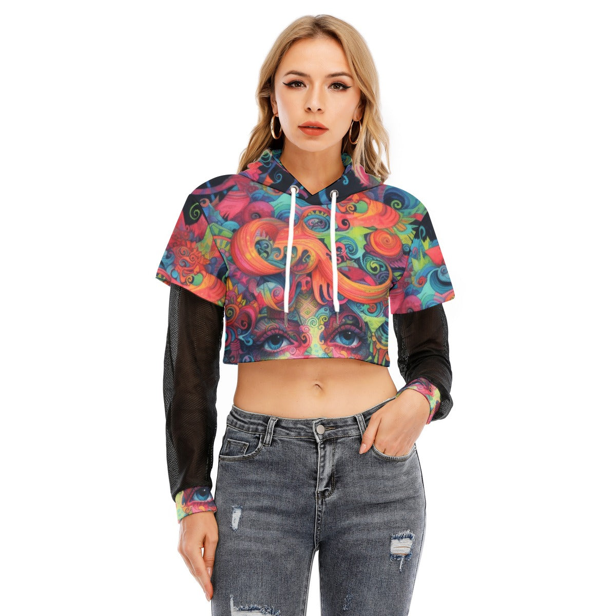 All-Over Print Women's Fake Two-piece Mesh Sleeve Cropped Hoodie