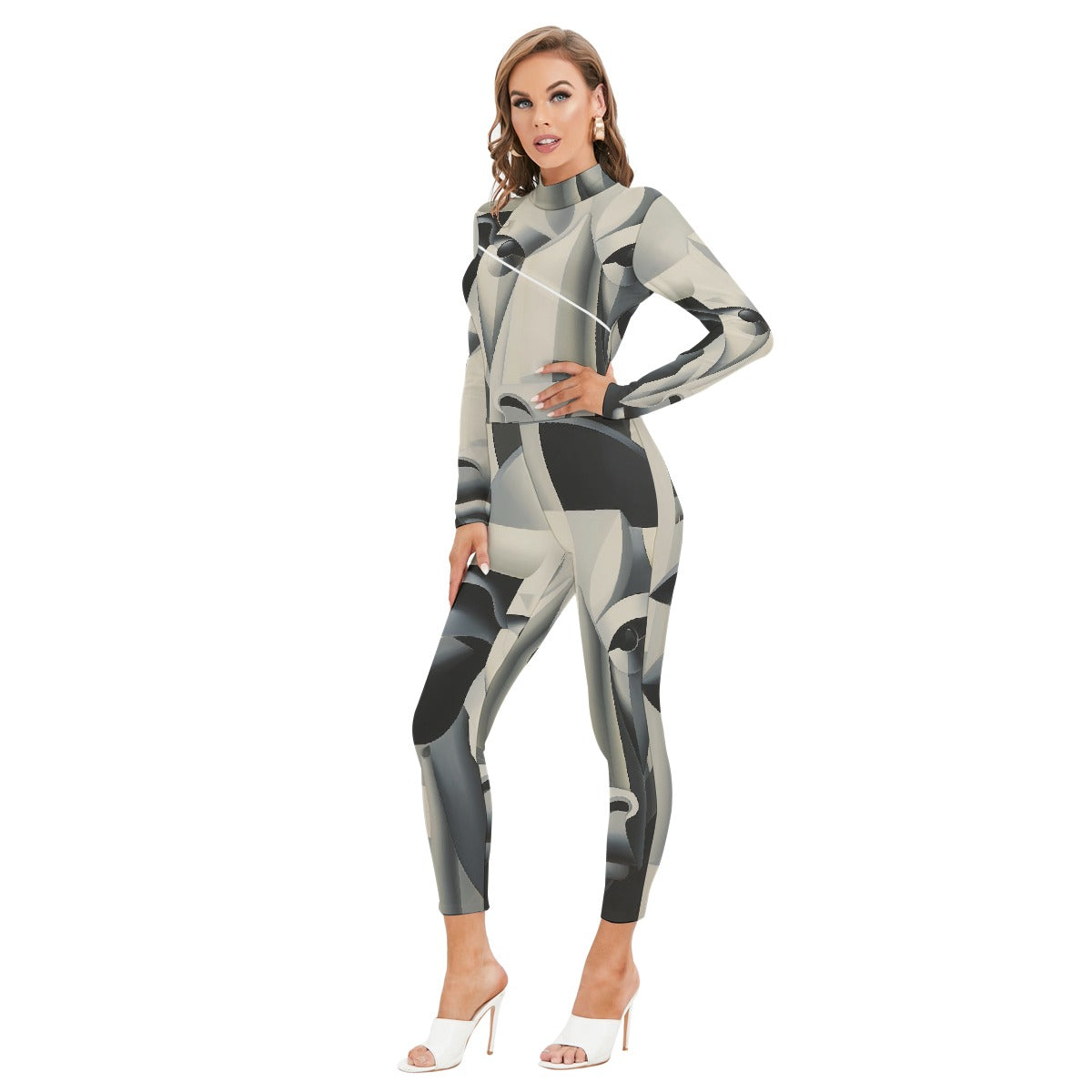 All-Over Print Women's Long-sleeved High-neck Jumpsuit With Zipper