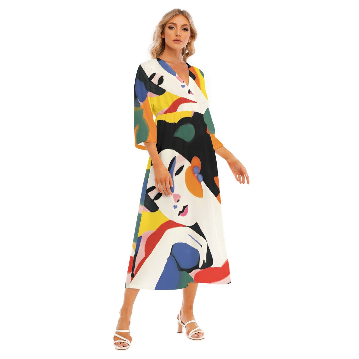 All-Over Print Women's Mid-Sleeve Long Dress