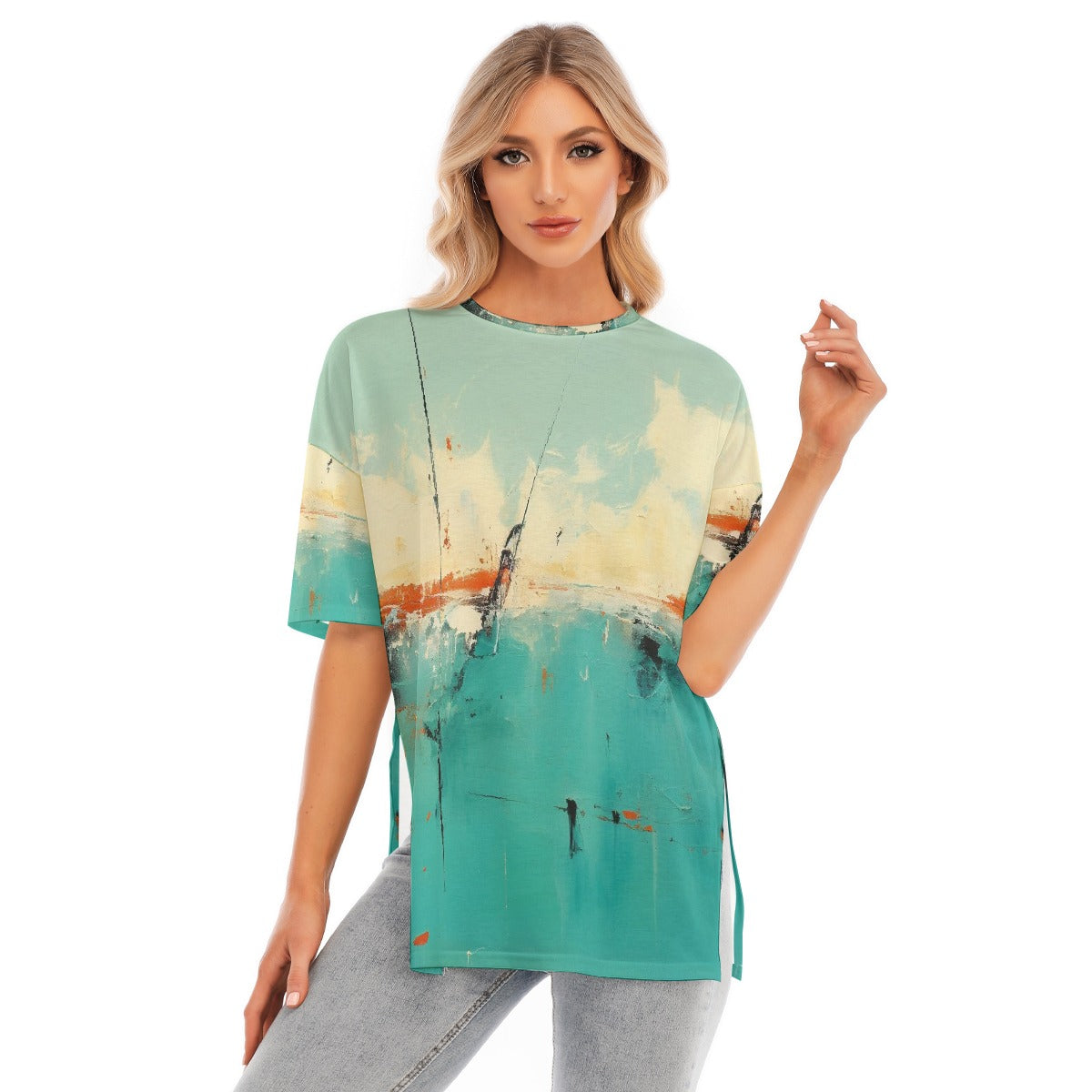 All-Over Print Women's Short Sleeves T-shirt With Hem Split