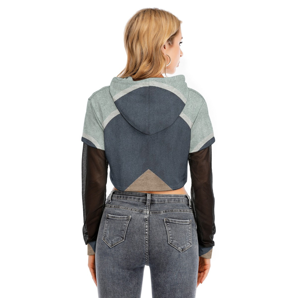 All-Over Print Women's Fake Two-piece Mesh Sleeve Cropped Hoodie