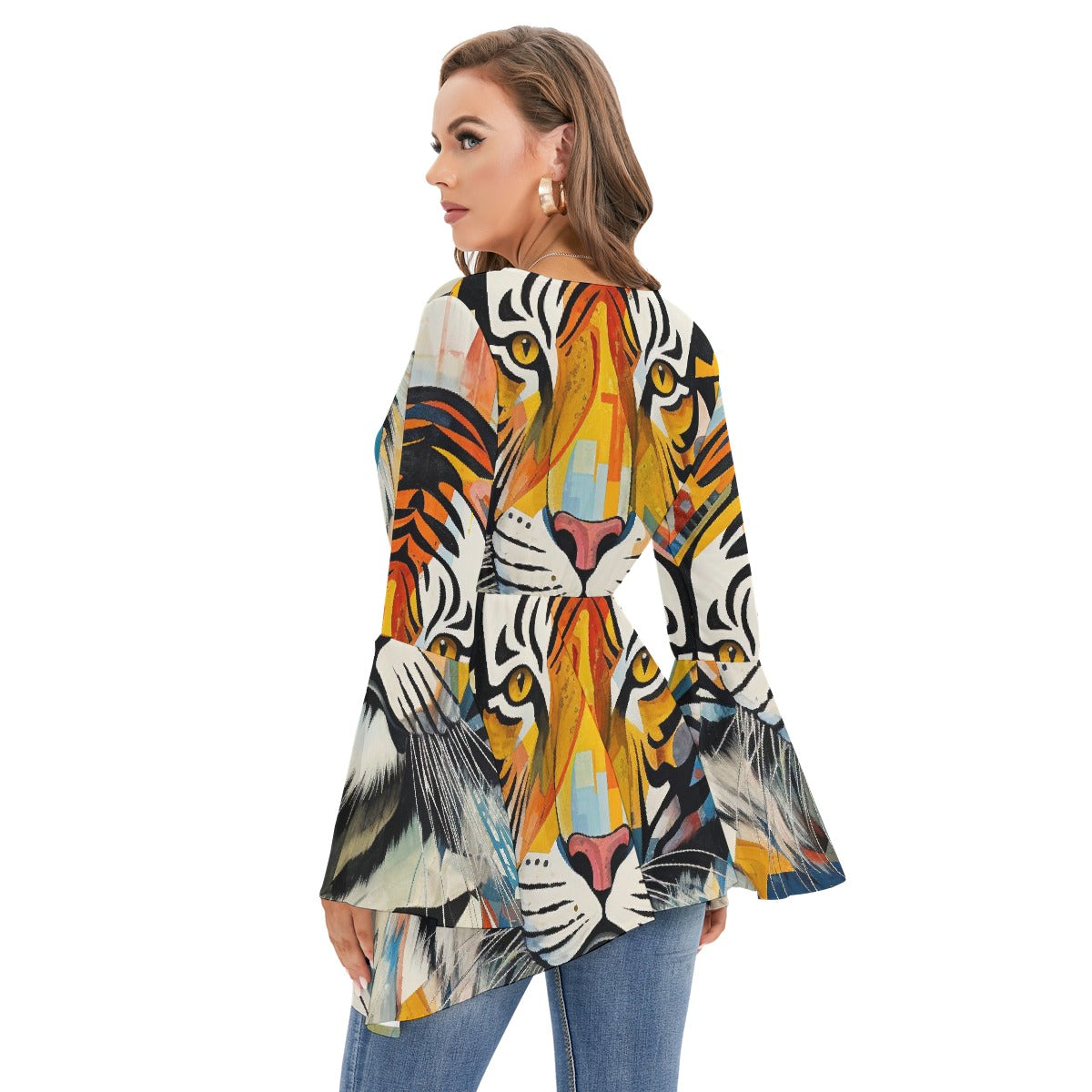 All-Over Print Women's V-neck Blouse With Flared Sleeves