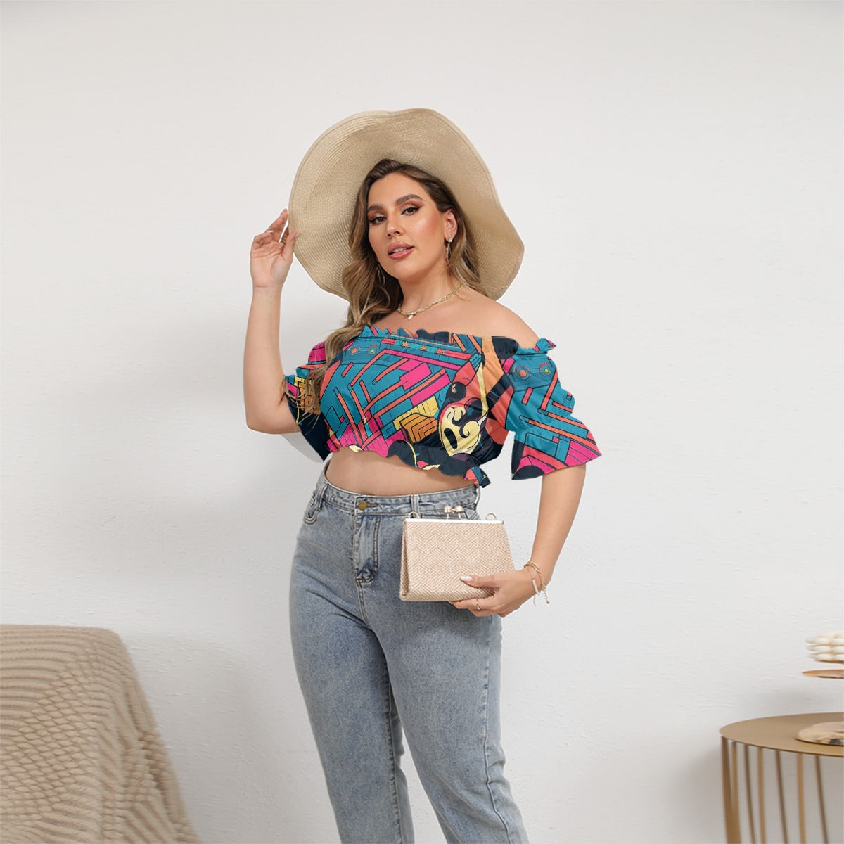 All-Over Print Women's Off-shoulder Cropped Top With Short Puff Sleeve